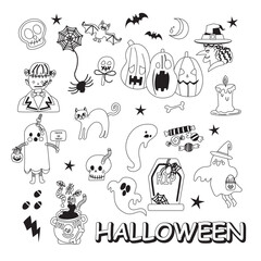 Vector icon and element collection for Halloween greeting card and poster, party sign. Concept illustration with Sign and symbol. Flat design cartoon element.