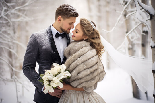 Wedding in winter. The bride and groom are standing against a snowy forest with a blurred background. The bride hugs the groom while holding a bouquet of flowers