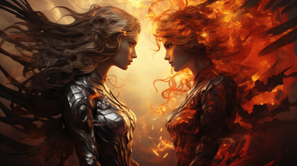 a warrior confronts a fire witch - obrazy, fototapety, plakaty