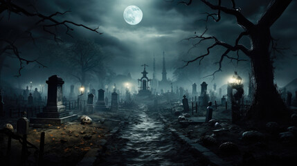 spooky cemetery with graves at night with a full moon - obrazy, fototapety, plakaty