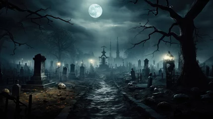 Papier Peint photo Pleine lune spooky cemetery with graves at night with a full moon