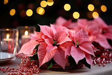 christmas pink holly star flowers on the table in bokeh light - obrazy, fototapety, plakaty