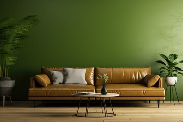 Living room interior green wall mockup in warm tones