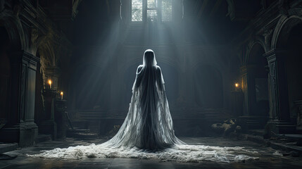 a woman in a long white dress disguised as a ghost in a dark, ramshackle room - obrazy, fototapety, plakaty