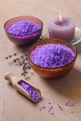 Fototapeta na wymiar Lavender power and aromatic candle for the bathroom