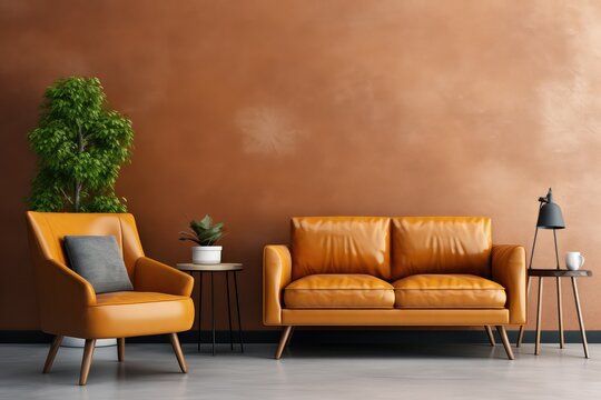 Living room wall mockup in bright tones with leather sofa