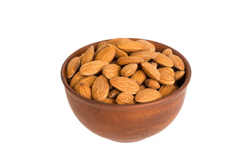 Roasted almonds in bowl isolated on white background. almonds is snack or raw of cook. Healthy food concept