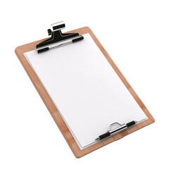 Pen and paper were placed on the clipboard isolated on transparent background.