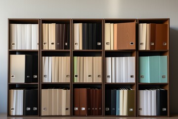 Stacked paper files in folders for storage and archiving on a shelf. Suitable for working from home, office work, organizing, research, and collecting. Generative AI