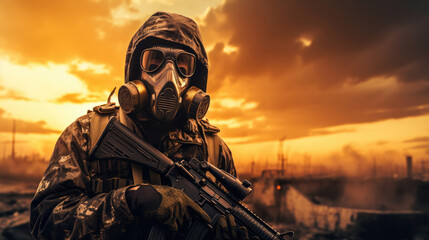 Man in gas mask and camouflage holding gun. Disaster concept