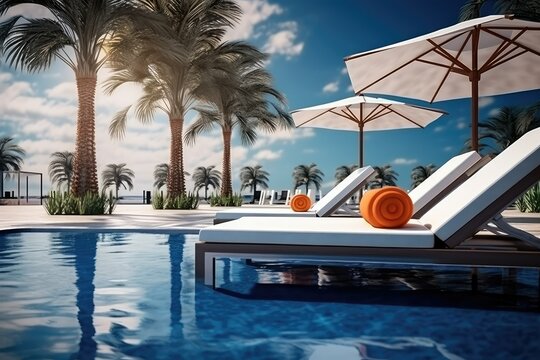 Luxurious swimming pool and loungers umbrellas near beach