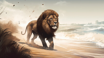 a lion ran to hunt on the beach Make sure the lion looks - obrazy, fototapety, plakaty