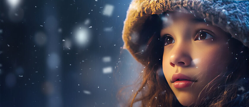 Close-up of a young girl bundled up laughing under the first snowfall of the winter season.