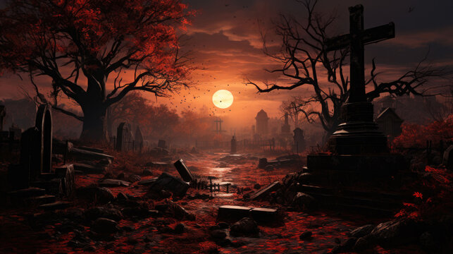 a spooky graveyard in autumn with red trees. halloween concept