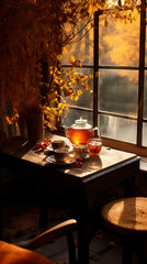 Tea set in the autumn room,created with generative ai tecnology.