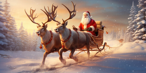 Santa Claus rides in a reindeer sleigh. He hastens to give gifts before Christmas. - obrazy, fototapety, plakaty