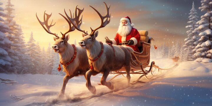 Santa Claus rides in a reindeer sleigh. He hastens to give gifts before Christmas.