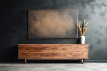 Mockup frame on wood cabinet in living room interior - obrazy, fototapety, plakaty
