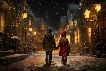 Fototapeta na wymiar Two boys hand in hand walking in the street on Christmas night. Generative AI