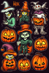Group of cartoon pumpkins for halloween. Generative AI.