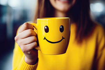 mujer sonriente aguantando en su mano una taza amarilla con sonrisa dibujada, sobre fondo desenfocado