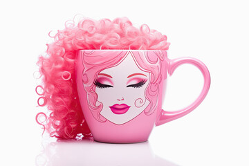 taza de cerámica rosa con la cara de una de mujer pintada saliendo de su interior melena de color rosa, sobre fondo rosa