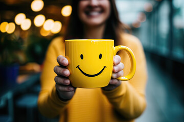 mujer sonriente aguantando entre las manos una taza amarilla con sonrisa dibujada, sobre fondo desenfocado - obrazy, fototapety, plakaty