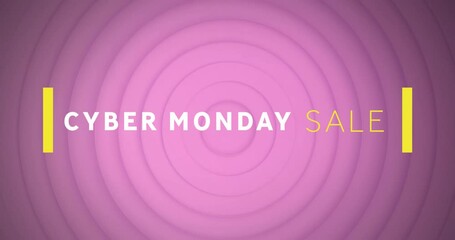 Animation of cyber monday sale text banner over concentric circles against purple background