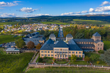 Aerial view of the vineyards around Johannisberg/Germany in the Rheingau with the castle