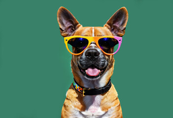 Creative animal concept image. Dog wearing sunglasses isolated on solid color pastel background, commercial photography, advertising photography, surrealistic photography