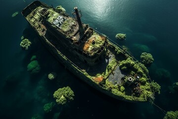 Bird's-eye view of sunken USS Liberty ship in Tulamben, Bali, an underwater haven for divers. Generative AI - obrazy, fototapety, plakaty