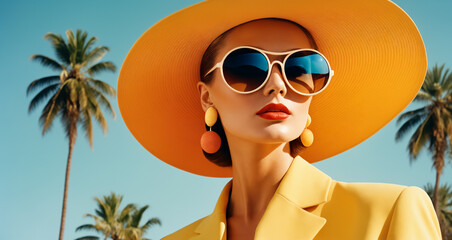 A Vintage Pop Art Woman Glamour Portrait with Yellow Hat and Sunglasses