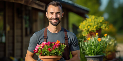 A smiling gardener holding a vibrant flower pot, with a garden shed backdrop.