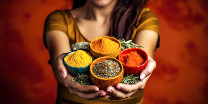 A woman holding vibrant colored spices in her hands on a solid orange background.