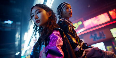 Two East Asian teenagers dressed in neon futuristic clothing with neon signs on the background.