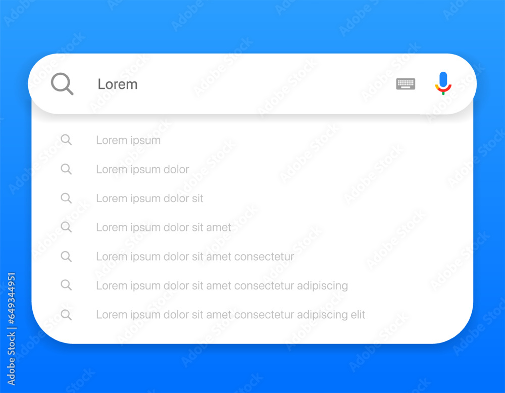 Leinwandbilder Search Bar with suggestions for UI UX design and web site. Search Address and navigation bar icon. Collection of search form templates for websites. Search engine web browser window template.