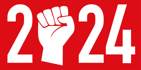 Concept de la grève et des manifestations pour l’année 2024, avec le poing levé sur fond rouge pour symboliser l’esprit de révolte. - 649344906