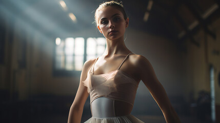 A candid shot of a young woman ballet dancer in a studio, embodying grace and discipline. Her authentic, gritty determination shines through her artistic expression. - obrazy, fototapety, plakaty