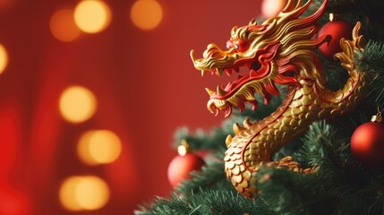 Fototapeta premium Chinese dragon on a Christmas background. Holiday banner. New Year 2024