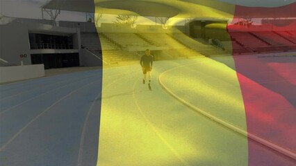 Animation of biracial male athlete with prosthetic leg running on track over waving belgium flag - Powered by Adobe
