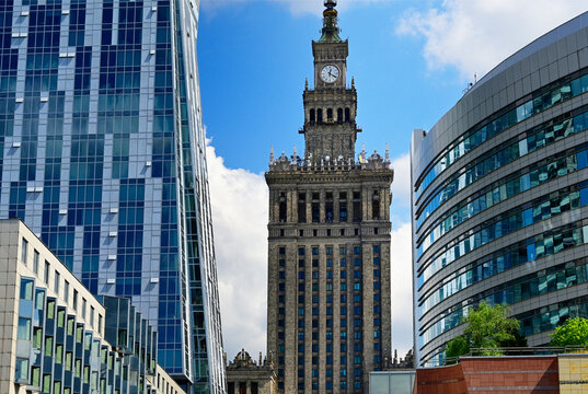 Warsaw, Mazovia, Poland, Europe - buildings from left - 4 star Mercure Hotel, Zlota 44 residential skyscraper, Palace of Culture and Science (1955) gift from USSR, Golden Terraces commercial complex