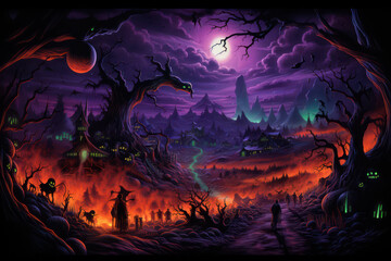 Enchanting Halloween Night: Illustrated Background with a Mystical Aura, Perfect for All Hallows' Eve