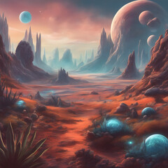 Sci-fi digital painting of an alien landscape with otherworldly plants, strange creatures, and distant planets