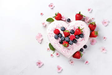 Cake in a shape of heart, cake with berries, top view 