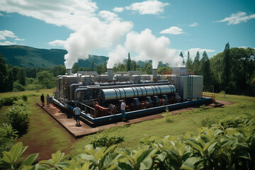 biomass power plant utilizing organic waste to produce energy, surrounded by lush greenery