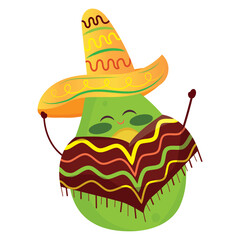 Isolated cute avocado character with traditional hat and poncho Vector
