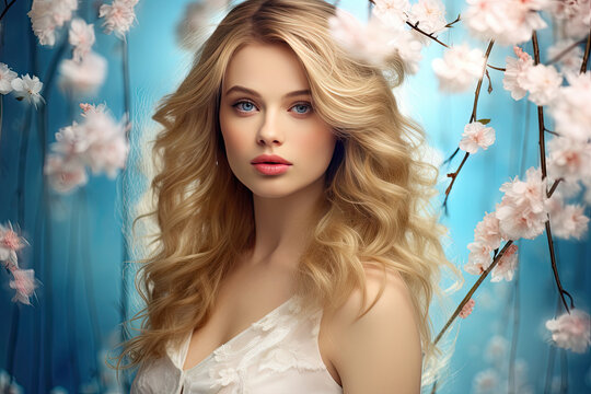 spring girl on a background of flowering trees. ai generative