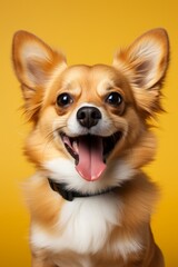 smiling corgi friendly dog studio shot on yellow background