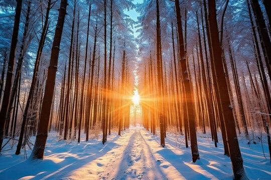 sunset in the forest, winter forest