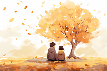 Illustration of two teenagers. View from the back. Beautiful yellow tree. Difficult teenagers. Poverty. Homeless children. Autumn - obrazy, fototapety, plakaty